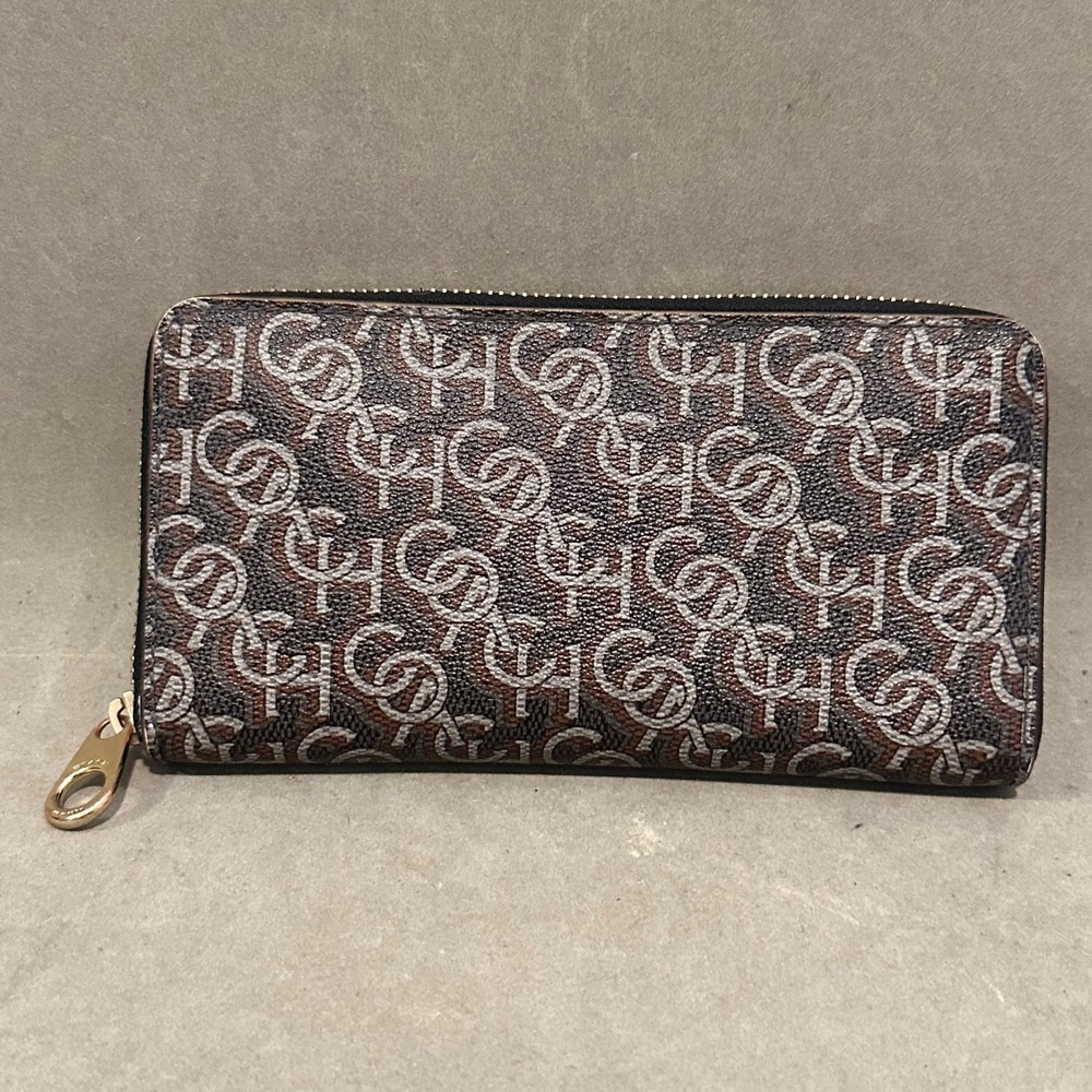 Coach Accordion Zip Wallet Signature Monogram Interlocking C Brown Black Gold‎